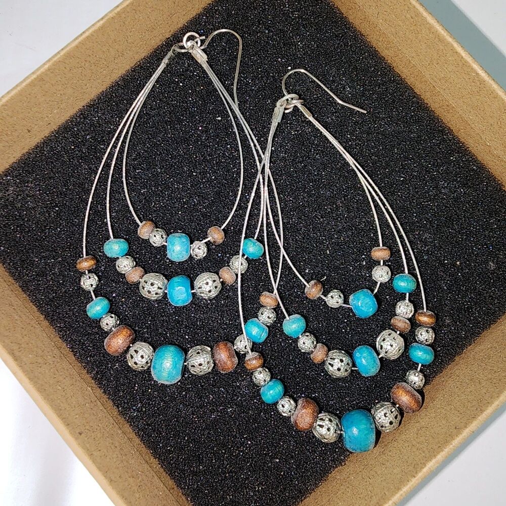 Beaded Blue & Silver Hoop Dangle Drop Boho Earrings